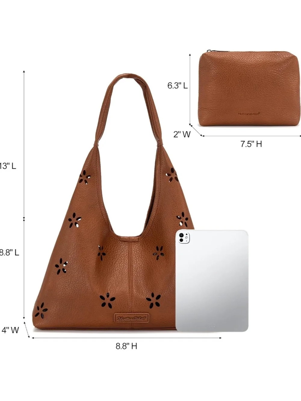 Montana West Tan Perforated Leather Shoulder Hobo with Pouch